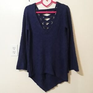 Democracy: Women's XS Blue Lace-up Back Bell Sleeve High-Low Pullover Sweater